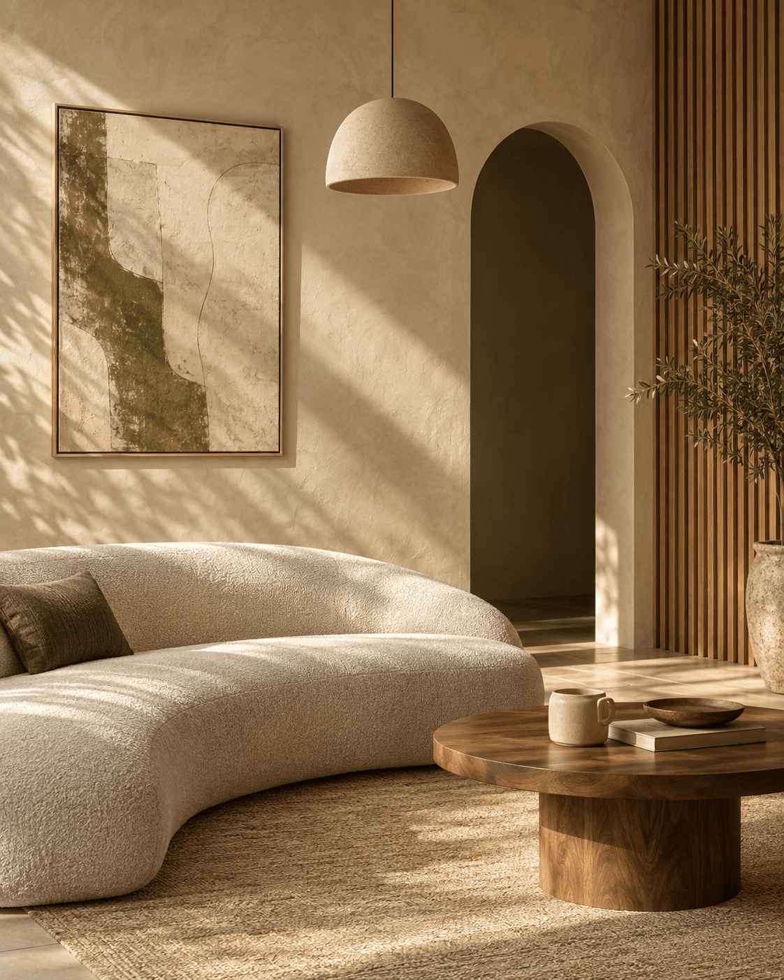 Photorealistic interior concept with a cream curved sofa, arched doorway, textured plaster, and oak slat wall