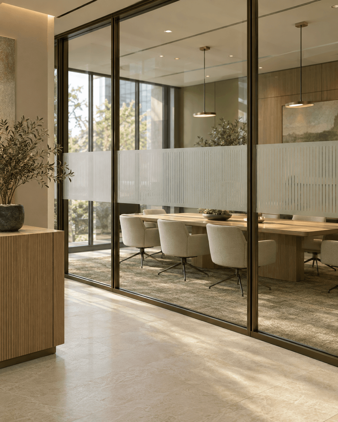 Commercial office mockup with frosted privacy film on glass conference room partitions