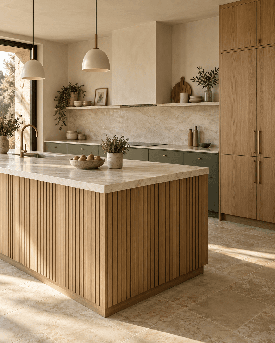 Kitchen design concept with an oak slatted island, stone counters, and olive cabinetry