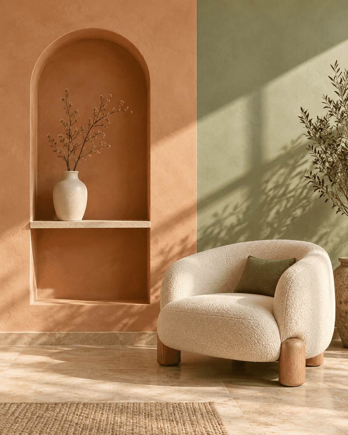 Paint design concept with peach and sage walls, an arched niche, and a cream chair