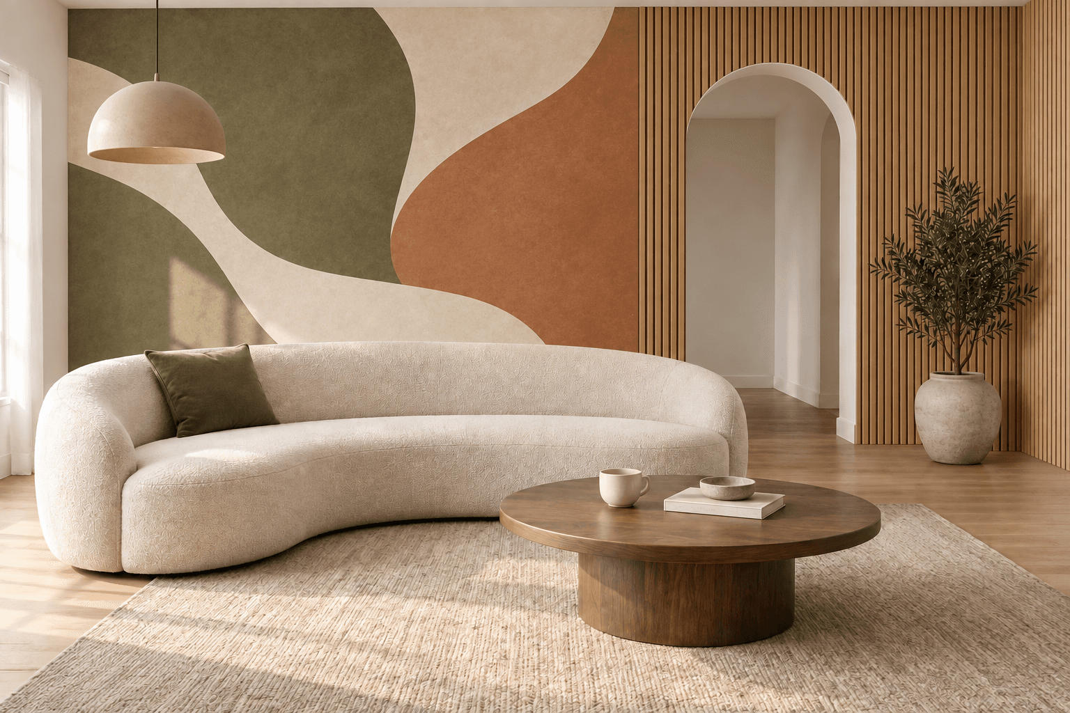 Room concept with custom vinyl wall graphics and oak slat cladding
