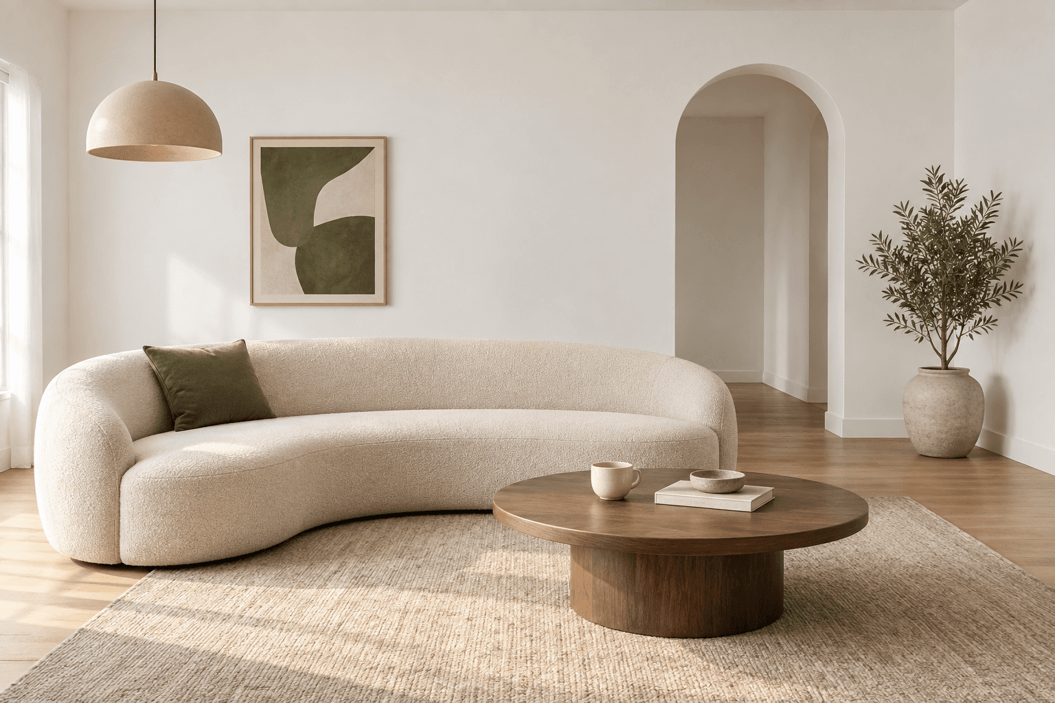 Same room with a plain white wall and framed abstract art