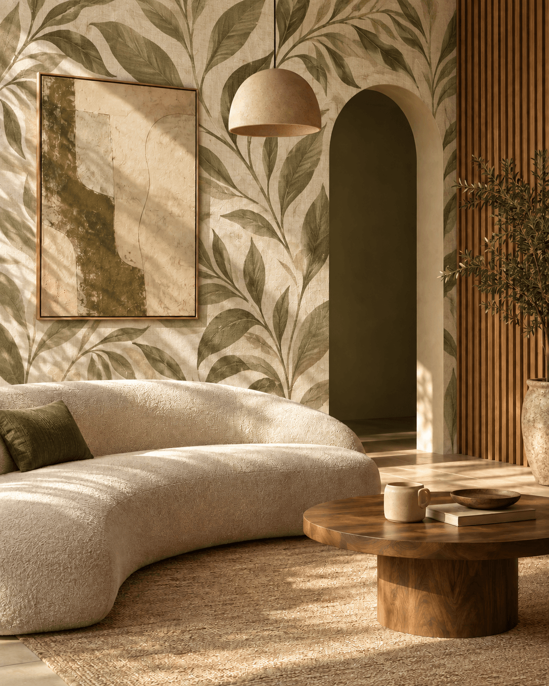 Living room design concept with botanical wallpaper, an arched doorway, and natural oak